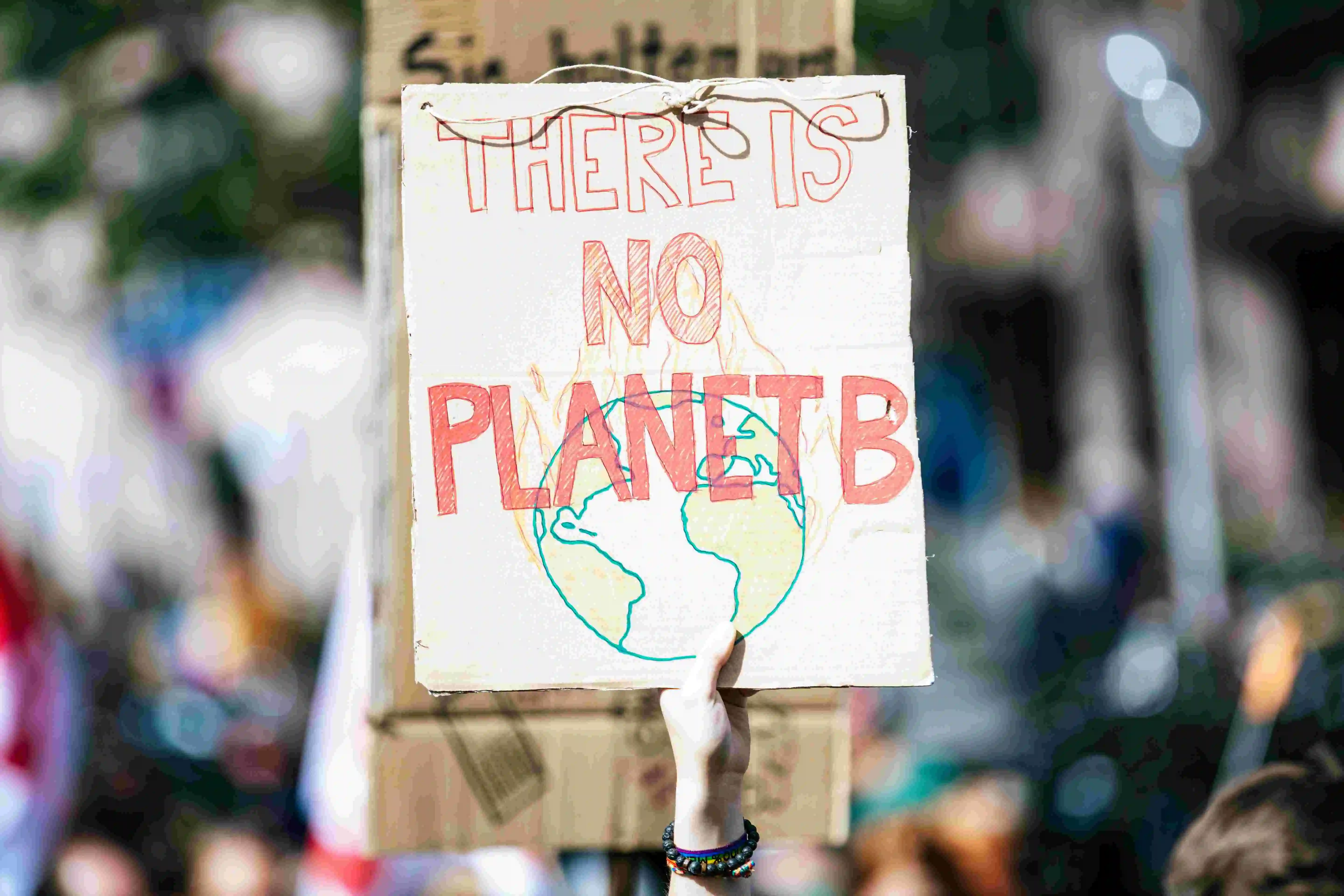 manifestantes com um papelão escrito 'there is no planet B'